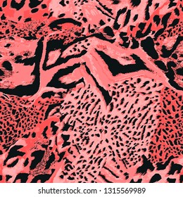 Living coral the color of 2019 on jaguar skin print. Animal skin pattern. Trend color and print