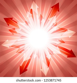 Living coral color burst with lots of arrows out from center for abstract vector design background concept