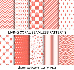 Living coral color seamless vector patterns. Set of abstract minimal backgrounds