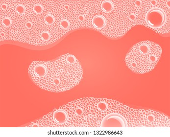 Living Coral Color Shampoo Soap Bubbles in Bath or Sud. Vector. Transparent Foam on Blue water background.