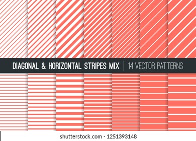 Living Coral Diagonal and Horizontal Stripes Vector Patterns. 2019 Color of the Year. Modern Striped Backgrounds. Pin Stripes & Candy Stripes. Variable Thickness Lines. Pattern Tile Swatches Included