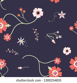 Living coral flowers on the dark background seamless pattern