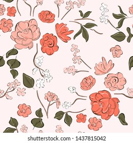 Living coral flowers print. Botanical seamless pattern with hand-drawn plants. Spring summer textile collection. Vintage print.
