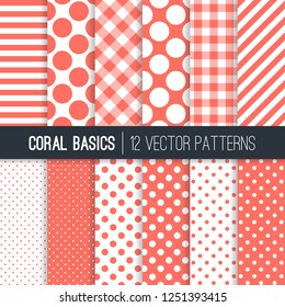 Living Coral Gingham Check Plaid, Polka Dot and Candy Stripes Vector Patterns. 2019 of the Year. Modern Geometric Backgrounds. Pattern Tile Swatches Included.