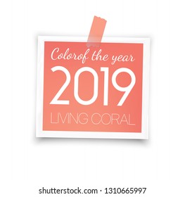 Living coral. Photo frame  mockup glued with color tape . Realistic empty template.  Vector illustration
