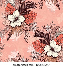 Living Coral Tropical Exotic Foliage and Hibiscus Floral Vector Seamless Pattern. Ink line Drawing Background.