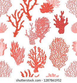Living corals in the sea. Seamless vector pattern with different shapes. Trendy 2019 color palette. Red, pink, white.