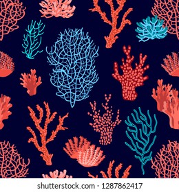 Living corals in the sea. Seamless vector pattern with different shapes. Trendy 2019 color palette. Red, pink, black.