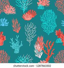 Living corals in the sea. Seamless vector pattern with different shapes. Trendy 2019 color palette. Red, pink, blue.