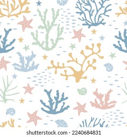 Living corals in the sea. Seamless vector pattern with different shapes. 