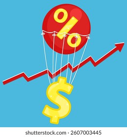 Living cost concept. Vector illustration of dollar golden icon flying on red air balloon with percent sign on blue background with red arrow inflation rise. Living cost inflation and budget plan.
