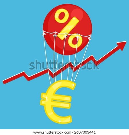 Living cost concept. Vector illustration of euro golden icon flying on red air balloon with percent sign on blue background with red arrow inflation rise. Living cost inflation and budget plan.
