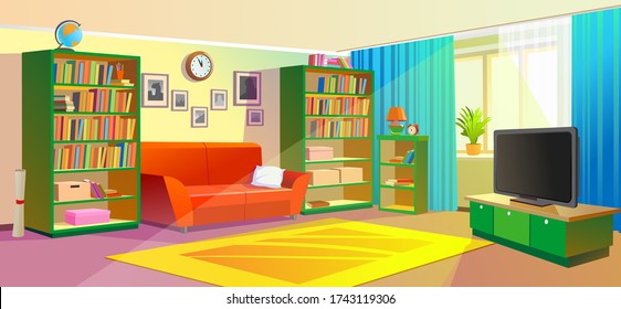 Living, cozy room with sunlit sun. Interior of the living room with sofa, TV and bookcase. Vector illustration.