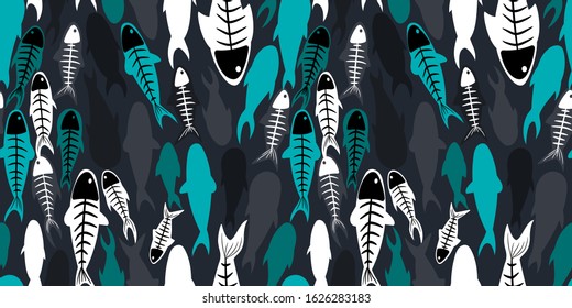 living and dead fish seamless pattern of fish skeletons. concept of magic, mysticism and voodoo. for fabric, cards, prints, wallpapers