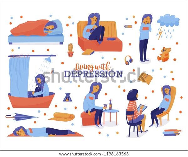 鬱病セットを持つ生活 若い不幸な女性の睡眠 過食 一人で飲む 泣く シャワーに座る 横になる セラピストに診てもらう 白い背景にベクターイラスト のベクター画像素材 ロイヤリティフリー