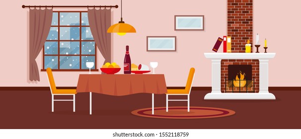 Living or dining room with fireplace, furniture, carpet and window with snow landscape. Interior design vector illustration.