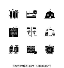 Living In Dormitory Black Glyph Icons Set On White Space. Lockers. Mixed Bedroom. Company Dorm. Neighborhood. Cleaning Schedule. Communal Bathroom. Silhouette Symbols. Vector Isolated Illustration