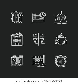 Living In Dormitory Chalk White Icons Set On Black Background. Lockers. Mixed Bedroom. Company Dorm. Cleaning Schedule. Quiet Hours. Communal Bathroom. Isolated Vector Chalkboard Illustrations