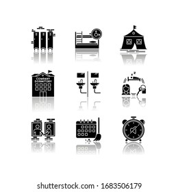 Living In Dormitory Drop Shadow Black Glyph Icons Set. Mixed Bedroom. Company Dorm. Neighborhood. Cleaning Schedule. Quiet Hours. Communal Bathroom. Isolated Vector Illustrations On White Space