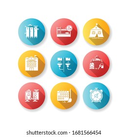 Living In Dormitory Flat Design Long Shadow Glyph Icons Set. Lockers. Mixed Bedroom. Company Dorm. Neighborhood. Cleaning Schedule. Quiet Hours. Communal Bathroom. Silhouette RGB Color Illustration