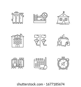 Living In Dormitory Pixel Perfect Linear Icons Set. Mixed Bedroom. Company Dorm. Neighborhood. Cleaning Schedule. Communal Bathroom. Thin Line Contour Symbols. Vector Outline Illustrations