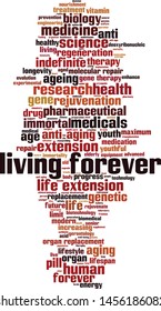 Living forever word cloud concept. Collage made of words about living forever. Vector illustration 
