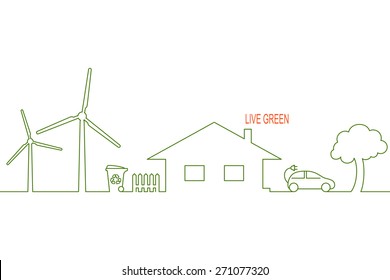 Living green and eco friendly house concept with alternative wind energy, waste recycling and electric car