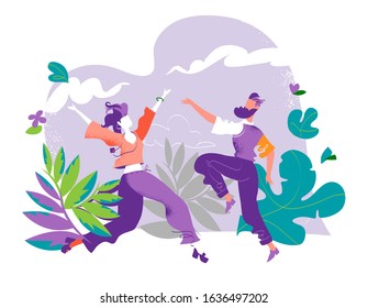 Living in harmony with nature. Happy couple dancing, enjoying life, freedom, nature - Vector illustration