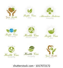 Living in harmony with nature metaphor, set of green health idea logos. Wellness center abstract modern emblems.