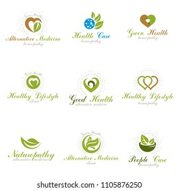 Living in harmony with nature metaphor, set of green health idea logos. Wellness center abstract modern emblems.