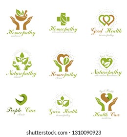 Living in harmony with nature metaphor, set of green health idea logos. Wellness center abstract modern emblems.