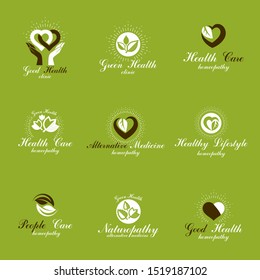 Living in harmony with nature metaphor, set of green health idea logos. Wellness center abstract modern emblems.