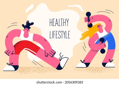 Living healthy active lifestyle concept. Young smiling couple man and woman cartoon characters doing training sports workout together with dumbbels in gym vector illustration