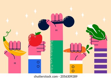 Living Healthy Lifestyle And Eating Concept. Human Hands Holding Various Fresh Fruits And Veggies And Sport Dumbbels For Workout Vector Illustration