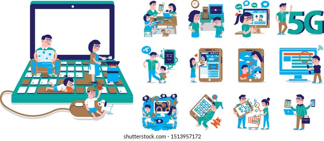 Living in the High technology world,
Use smartphone, family sit on the laptop, Modern flat vector illustration, technology changed our lives. Network World. online shopping.