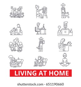 Living at home, help at home, living room furniture, living at home with parents line icons. Editable strokes. Flat design vector illustration symbol concept. Linear signs isolated on white background