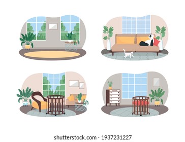 Living home space for family 2D vector web banner, poster set. Baby crib. Lounge area. Household flat scene on cartoon background. Living room printable patch, colorful web element collection