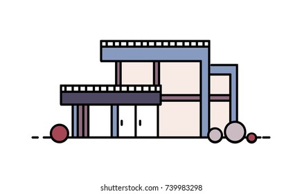 Living house built in contemporary architectural style. Modern building with large windows isolated on white background. Residential property or real estate. Colorful flat vector illustration.