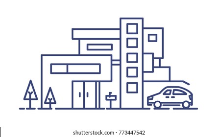 Living house built in contemporary architectural style and automobile parked beside it drawn with blue lines on white background. Residential property or real estate. Monochrome vector illustration.