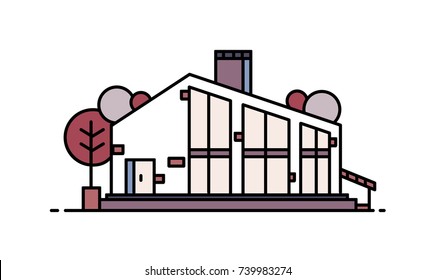 Living house built using natural materials in modern architectural style. Beautiful residential building isolated on white background. Ecological architecture and design. Flat vector illustration.