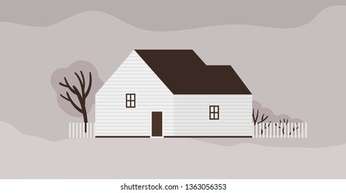 Living house or cottage of Scandinavian architecture. Suburban residential building with fence. Modern town residence or dwelling, real estate. Monochrome vector illustration in flat cartoon style.