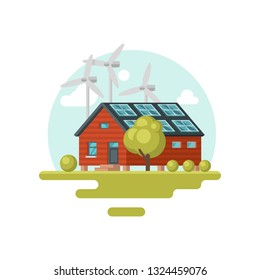 Living house with solar panels on roof and wind turbines. Eco-friendly building. Clean world. Flat vector icon