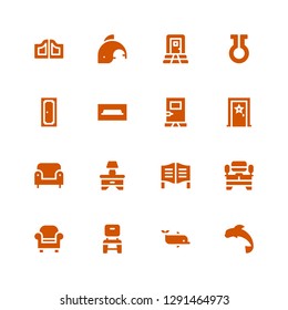 living icon set. Collection of 16 filled living icons included Dolphin, Chair, Armchair, Tv table, Door, Bedside table, Life, Doors