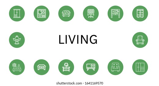 living icon set. Collection of Wardrobe, Sofa, Floor lamp, Dressing table, Closet, Living room, Night stand, Furniture, Armchair, Chair icons