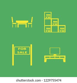 living icon. living vector icons set tv table, table chairs, sale sign and bookcase
