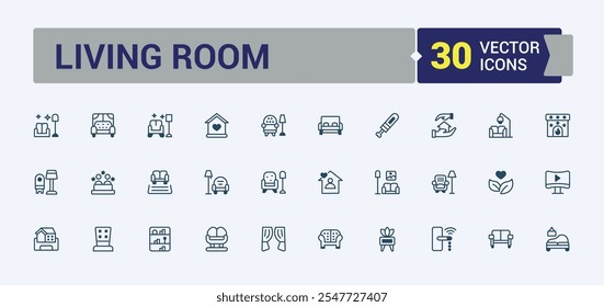 Living icons. Includes icons for furniture, couch, interior, office, room, work, living, web. Modern thin icons. Editable vector icon and illustration.