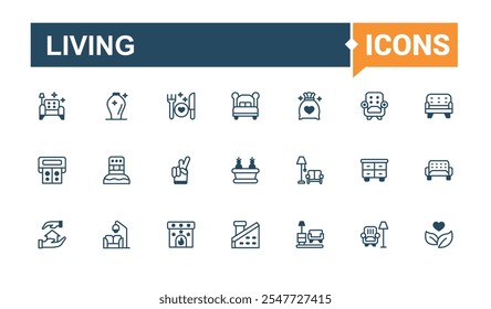 Iconos vivos en estilo lineal. Contiene el hogar, la oficina, los muebles, el trabajo, la casa y más. Paquete de iconos de contorno. Esquema de Vector editable e iconos sólidos.