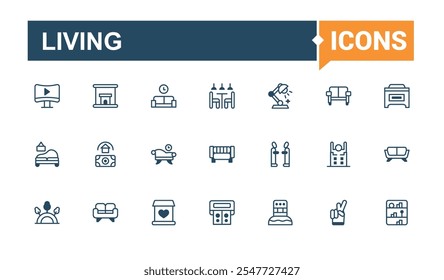 Iconos vivos en estilo lineal. Contiene el hogar, la oficina, los muebles, el trabajo, la casa y más. Paquete de iconos de contorno. Esquema de Vector editable e iconos sólidos.