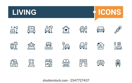 Iconos vivos en estilo lineal. Contiene el hogar, la oficina, los muebles, el trabajo, la casa y más. Paquete de iconos de contorno. Esquema de Vector editable e iconos sólidos.