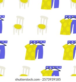 Living interior seamless pattern. Cute hand drawn doodle house furniture items repeatable pattern with clothes holder, dress, trousers, fashion clothing, hanger, casual cloth. Modern room background